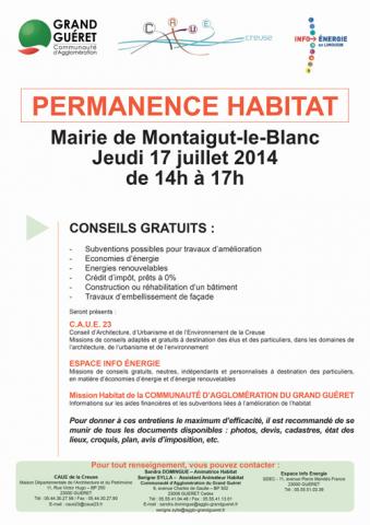 Affiche permanence habitat Montaigut-le-Blanc 17/07